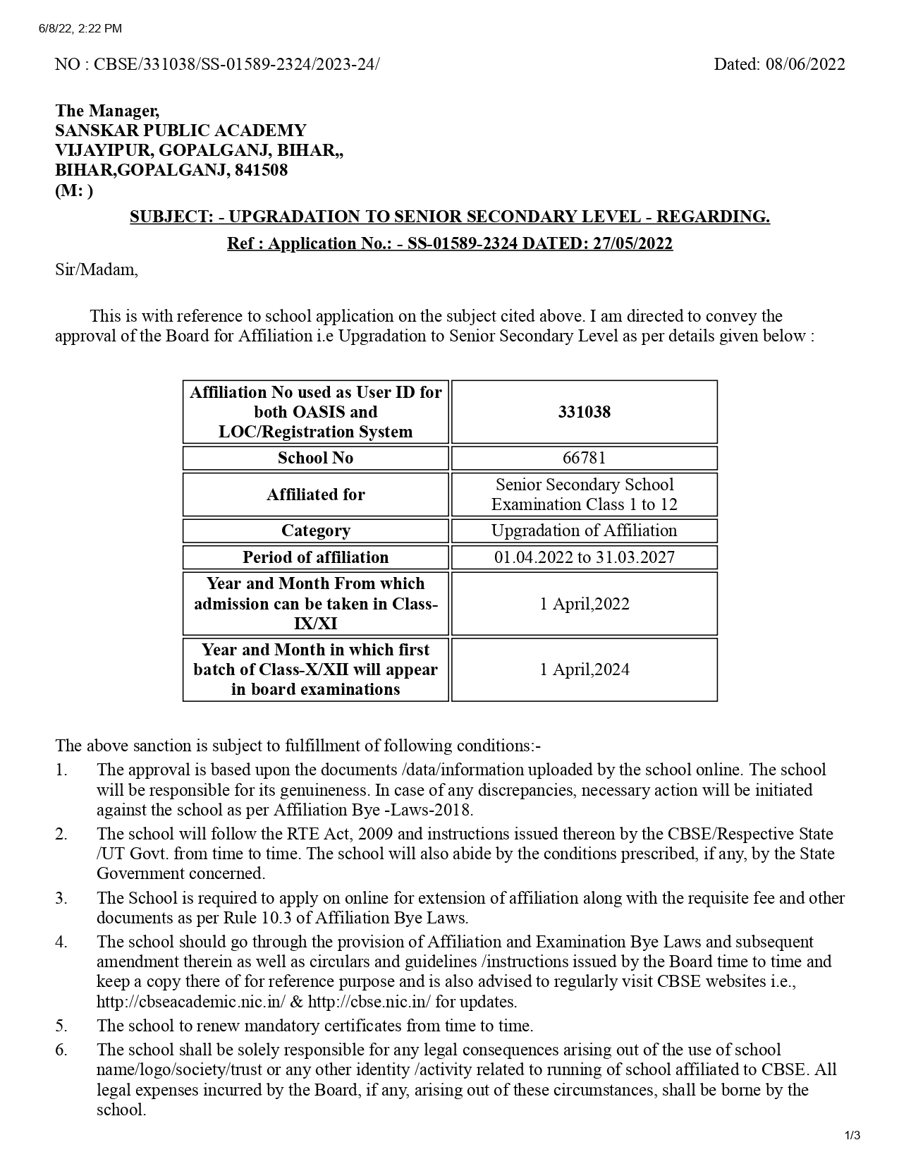 Sanskar CBSE Affiliation